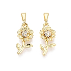 Настоящее золото 18K Латунные микропаве прозрачные подвески с фианитом, прелести подсолнуха, реальный 18 k позолоченный, 18.5x8.5x3.5 мм, отверстие : 6x3 мм