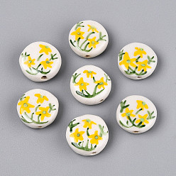 Золотистый Фарфоровые бусины ручной работы, пастельный фарфор, плоские круглые и цветок, золотые, 19~20x8~9 мм, отверстие : 1.8~2 мм