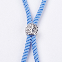 Real Platinum Plated Nylon Twisted Cord Bracelet Making, Slider Bracelet Making, with Brass Findings, Cadmium Free & Lead Free, Long-Lasting Plated, Tree of Life, Light Blue, Real Platinum Plated, 210~220x2mm, Hole: 2mm