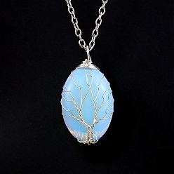 Opalite Opalite Oval Pendant Necklace with Platinum Alloy Chains, 20.87 inch(53cm)