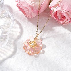 Персиковый Слойка Стекло ожерелья шкентеля, с бусинами из ракушек и 304 цепочкой из нержавеющей стали, ожерелье для женщин, цветок, розовые, 17.68 дюйм (44.9 см)
