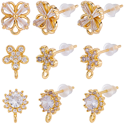 Настоящее золото 18K 18шт. 3 стили латунные серьги-гвоздики с прозрачными кубическими циркониями, с петлей, без никеля , цветок, 20 гайки ушные пластиковые, реальный 18 k позолоченный, 9x7~7.5 мм, отверстие : 1~1.2 мм, штифты : 1 мм, 6 шт / стиль