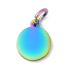 Rainbow Color Ионное покрытие (ip) 304 подвески из нержавеющей стали, с целью перехода в кольце, плоский круглый шарм, пустая бирка с зеркальной полировкой, Радуга цветов, 9.5x8x1 мм, отверстие : 3.5 мм