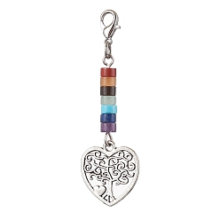 Античное Серебро Подвески из сплава «Древо жизни», Чакра, натуральные смешанные драгоценные камни и застежки-когти омара, подвески для украшений сумок, античное серебро, 53 мм, Кулон : 44.8x17x4.3 мм