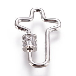 Platino Latón micro pave cubic zirconia tornillo mosquetón cerradura encantos, para hacer collares, cruzar, Claro, Platino, 30x21x2~5.5 mm