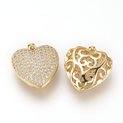 Золотой Diy латунь микро проложить кубические циркониевые подвески, полый, сердце, золотые, 23x22x9 мм, отверстие : 3 мм