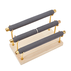 Серый 3-ярусные бархатные подставки для колец, Держатель-органайзер для колец на железный палец с деревянной основой, прямоугольные, серые, готовое изделие: 20.8x10x11 см