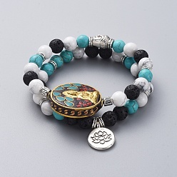 Lava Rock Buddhist Theme Guan Yin & Lotus Stretch Bracelets Sets, Stackable Bracelets, with Brass Handmade Indonesia Beads, Natural Lava Rock, Howlite, Synthetic Turquoise Round Beads and Tibetan Style Alloy Beads & Pendants, 2-1/8 inch(5.5cm), 2pcs/set