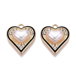 Черный Подвески из сплава со стразами, с абс пластмассовой имитационной жемчужиной, сердце, чёрные, 18.5x16.5x5.5 мм, отверстие : 1.8 мм