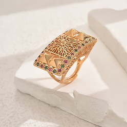 Разноцветный Латунные микропаве кубические цирконии геометрические регулируемые кольца для женщин, прямоугольные, золотые, красочный, 35x19 мм, внутренний диаметр: регулируемый