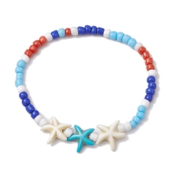 Starfish Summer Beach Starfish Synthetic Turquoise & Pearl Bracelet Sets, 4mm Round Glass Seed Beaded Stackable Stretch Bracelets for Women, Starfish, Inner Diameter: 2-1/8 inch(5.5cm), 1pc/style