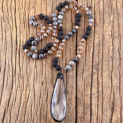 Лавовый камень Подвеска в виде капли из стекла в богемном стиле, натуральные лавовые камни и картографический камень, длинные круглые бусины для женщин, 33.86~34.65 дюйм (86~88 см)