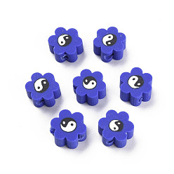 Dunkelblau Manuell Polymer Ton Perlen, für DIY Schmuck Bastelbedarf, Blume mit Yin-Yang, dunkelblau, 8~9x7.5~8.5x4~4.5 mm, Bohrung: 1.6~1.8 mm