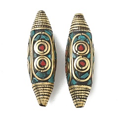 Античное Золото Ручной тибетском стиле бисера, двухконусные, Латунные бусины, с синтетическими бирюзовый, античное золото , 44x13~14x14 мм, отверстие : 2 мм