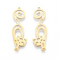 Настоящее золото 18K 201 подвески из нержавеющей стали, кошка, реальный 18 k позолоченный, 39x12x1 мм, отверстие : 1.4 мм