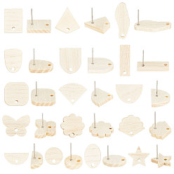 Mixed Shapes 32шт. 16 фурнитура для сережек-гвоздиков из натурального ясеня в форме овала, прямоугольника, веера и бабочки, с 304 штифтом из нержавеющей стали и 32 ушными гайками, деревесиные, 10~23x6.5~20 мм, отверстие : 1.8~2 мм, штифты : 0.7 мм, 2 шт / стиль
