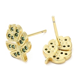 Real 18K Gold Plated Rack Plating Brass Leaf Stud Earrings with Cubic Zirconia, Lead Free & Cadmium Free, Real 18K Gold Plated, 12x8mm