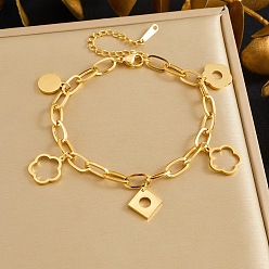 Золотой 304 из нержавеющей стали шарм браслеты, браслеты-цепочки со скрепками для женщин, цветок и ромб и плоский круглый, золотые, 7.13 дюйм (18.1 см)