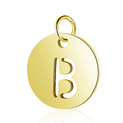 Letter B 304 Stainless Steel Charms, Flat Round with Letter, Golden, Letter.B, 12x1mm, Hole: 2.5mm