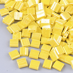 Gold 2-Hole Opaque Glass Seed Beads, Lustered, Rectangle, Gold, 5x4.5~5.5x2~2.5mm, Hole: 0.5~0.8mm