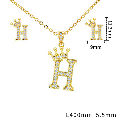 Letter H Наборы подвесок и сережек-гвоздиков из латуни с микропаве из прозрачных кубических цирконий., золотые, письмо с короной, Письмо ч, 11.2x9 мм и 400 мм