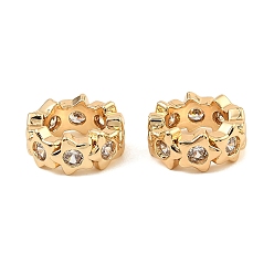 Настоящее золото 18K Латунные микро проложить кубического циркония бусы, плоские круглые со звездой, бусины с большим отверстием, реальный 18 k позолоченный, 11.5x5 мм, отверстие : 7.5 мм