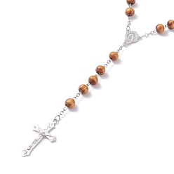 BurlyWood Religious Prayer Pine Wood Beaded Lariat Necklace, Virgin Mary Crucifix Cross Rosary Bead Necklace for Easter, Platinum, BurlyWood, 29-1/8 inch(74cm)