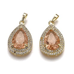 Легкий Лосось Позолоченная латунь с микропаве из прозрачного кубического циркония, со стеклом, долговечный, с кнопкой на поруки, слеза, светлый померанцевый, 24.5x16x7.5 мм, отверстие : 3x5 мм