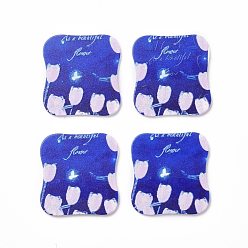 Blue Acrylic Cabochons, for Hair Pins, Hair & Earrings Accessories, Rectangle with Flower Pattern, Blue, 36x34x2.5mm