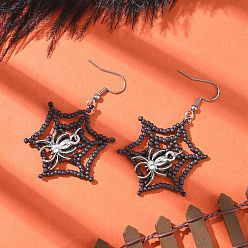 Черный Тематика хэллоуина паутина с пауком серьги ручной работы из стеклянных бусин, с подвесками из сплава в тибетском стиле и 304 крючками для сережек из нержавеющей стали, цвет нержавеющей стали, чёрные, 57x33 мм