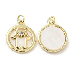 Hamsa Hand Покрытие стойки латунь микропаве прозрачные подвески из кубического циркония, с оболочкой, реальный 18 k позолоченный, долговечный, без кадмия и без свинца, плоский круглый шарм, хамса рука, 18x15.5x3 мм