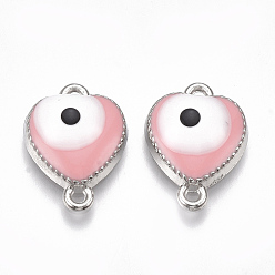 Pink Alloy Links connectors, with Enamel, Heart with Evil Eye, Platinum, Pink, 17x12.5x4mm, Hole: 1mm