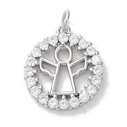 Платина Покрытие стойки латунь микропаве прозрачные подвески из кубического циркония, долговечный, без свинца и без кадмия, круглые с ангелом, платина, 18x16x2 мм, отверстие : 3.4 мм