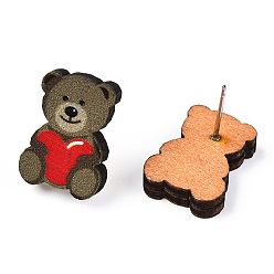 Медведь Женские деревянные серьги-гвоздики с принтом на тему Дня святого Валентина, с 316 штифтов из нержавеющей стали, медведь, 17x12 мм