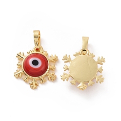 Red Handmade Evil Eye Lampwork Pendants, with Real 18K Gold Plated Tone Brass Findings, Snowflake Charm, Red, 15x16x4mm, Hole: 4x6.5mm