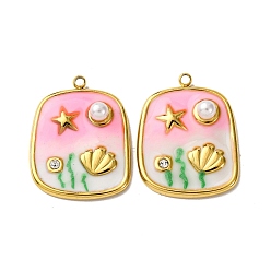 Pink 304 нержавеющей стальной эмали подвески, с абс пластмассовыми жемчужными бисером, прямоугольник амулеты, реальный 18 k позолоченный, вакуумное покрытие pvd, розовые, 23.5x18x5 мм, отверстие : 1.6 мм