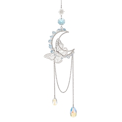 Аквамарин Натуральные аквамариновые крошки, латунная луна и подвеска-ловец солнца в виде бабочки из нержавеющей стали, Стеклянная подвесная призматическая декоративная фигурка в форме капли для дома и сада., 304 мм