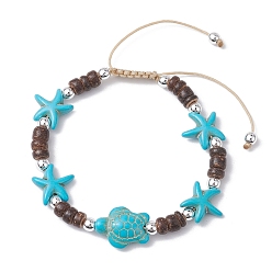 Turquoise Bracelets de perles tressées en noix de coco, bracelets ajustables turquoise synthétique étoile de mer & tortue pour femme, turquoise, diamètre intérieur: 2-1/2~3-3/4 pouce (6.5~9.6 cm)