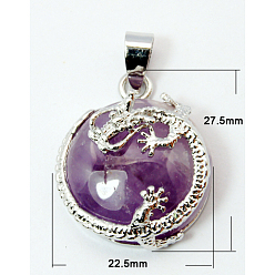 Amethyst Natural Amethyst Pendants, with Alloy Findings, Flat Round, Purple, 27.5x22.5x10mm, Hole: 6x4mm