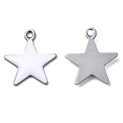 Белый 201 из нержавеющей стали шармы эмали, звезда, цвет нержавеющей стали, белые, 14.5x12.5x2 мм, отверстие : 1.5 мм