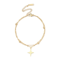 Golden 304 Stainless Steel Cable & Satellite Chains Double Layer Multi-strand Bracelet, with Star Charms, Golden, 6-3/4 inch(17cm)