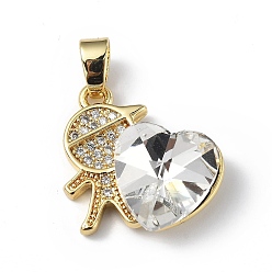 Clear Real 18K Gold Plated Rack Plating Brass Micro Pave Clear Cubic Zirconia Pendants, with Glass, Long-Lasting Plated, Cadmium Free & Lead Free, Boy with Heart Charm, Clear, 19.5x18x7.5mm, Hole: 5.5x3.5mm