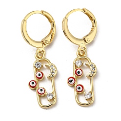 FireBrick Golden Brass Dangle Leverback Earrings, with Enamel and Cubic Zirconia, Evil Eye & Moon, FireBrick, 31.5x9mm