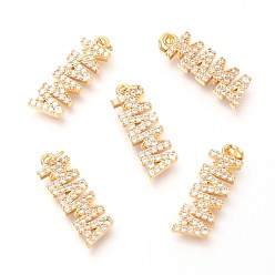 Настоящее золото 18K Латунные микропаве прозрачные подвески с фианитом, день матери, с прыжковых колец, Слово мама, реальный 18 k позолоченный, 20.8x6.9x1.9 мм, отверстие : 1.8 мм