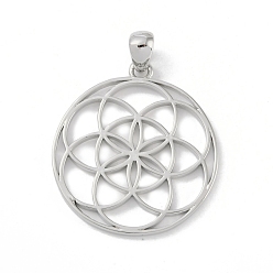 Платина Стойки обшивки латунные подвески, долговечный, без свинца и без кадмия, плоские круглые с цветком, платина, 34x30.5x2 мм, отверстие : 5x4 мм