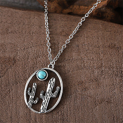 Античное Серебро Ожерелье из сплава с овальным подвесным украшением из синтетической бирюзы в виде кактуса., античное серебро, 18.11 дюйм (46 см)