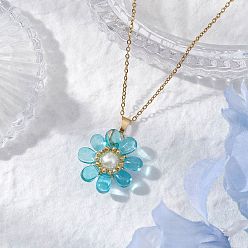 Светло-Голубой Стеклянные и стеклянные жемчужные бусины подвески ожерелья для женщин, с 304 кабельной цепью из нержавеющей стали, цветок, Небесно-голубой, 17.72 дюйм (45 см)