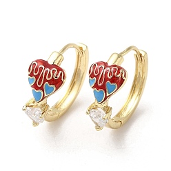 Red Real 18K Gold Plated Brass Heart Hoop Earrings, with Enamel and Glass, Red, 19x9mm