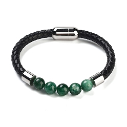 Fuchsite Браслеты из плетеного кожаного шнура с круглыми бусинами из натурального фуксита для мужчин и женщин, с ионным покрытием (ip) 304 магнитные застежки из нержавеющей стали, 8-1/4 дюйм (21 см)