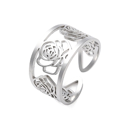 Stainless Steel Color Non-Tarnish 304 Stainless Steel Open Cuff Ring for Women, Flower, Stainless Steel Color, Inner Diameter: 18mm